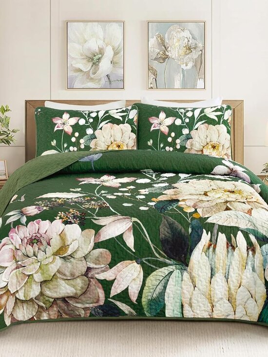 Other - Floral Quilt Queen Size - 3 Pieces Green Quilt Botanical Bedspread | Soft Microf